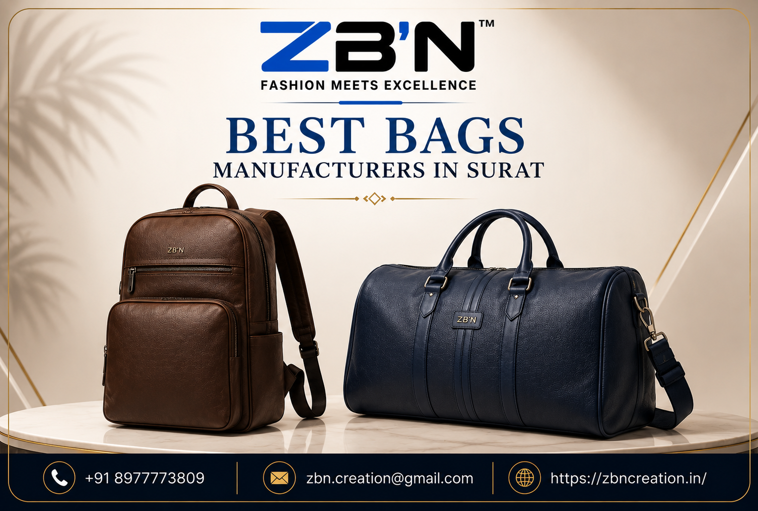 Best bags manufacturers in Surat offering premium custom backpacks, travel bags, laptop bags, and corporate bags by ZBN Creation.