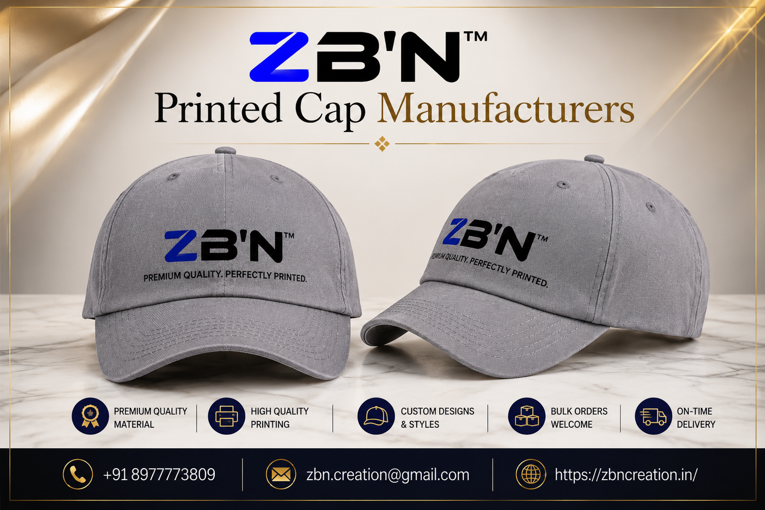 Custom printed caps manufactured by ZBN Creation – leading Printed Cap Manufacturers in Hyderabad