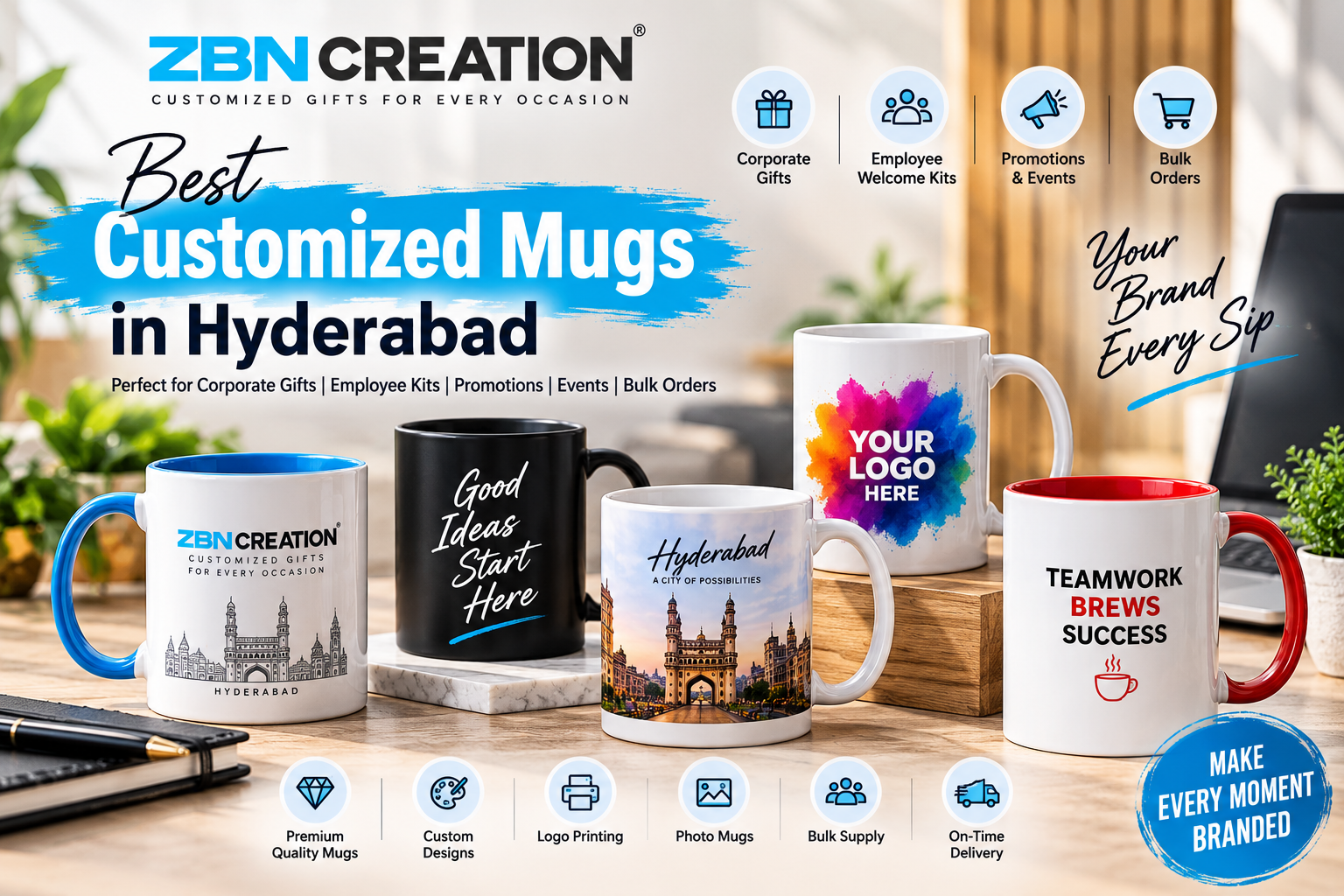 Best Customized Mugs in Hyderabad for corporate gifting, promotional branding and bulk orders by ZBN Creation