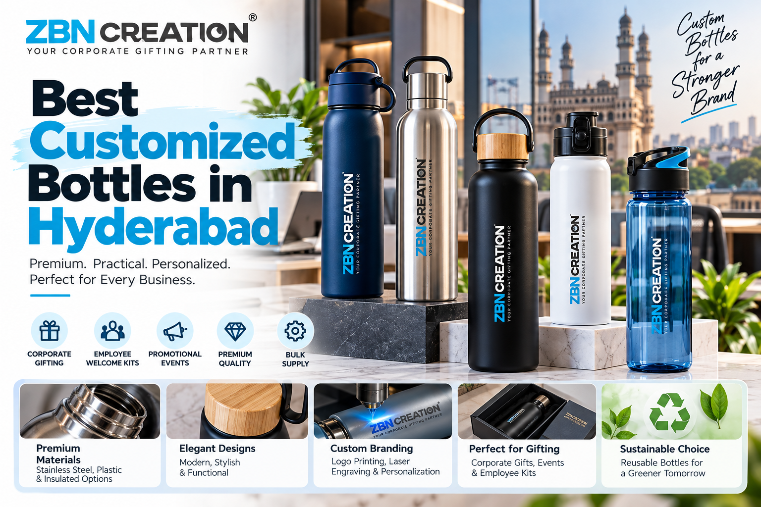 Best Customized Bottles in Hyderabad for corporate gifting, promotional branding and bulk orders by ZBN Creation