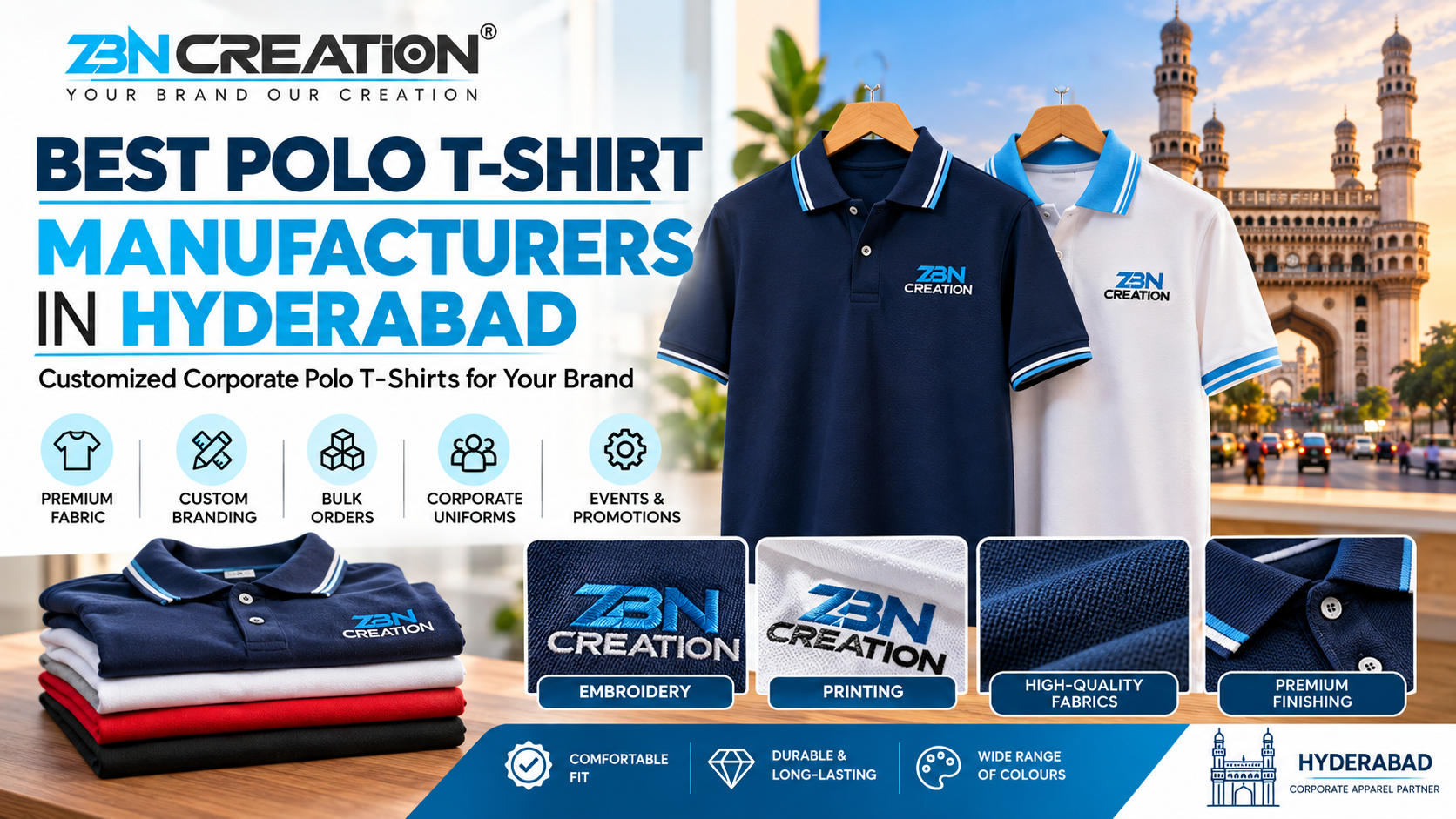Best Polo T-Shirt Manufacturers in Hyderabad for corporate uniforms, branding and bulk orders by ZBN Creation