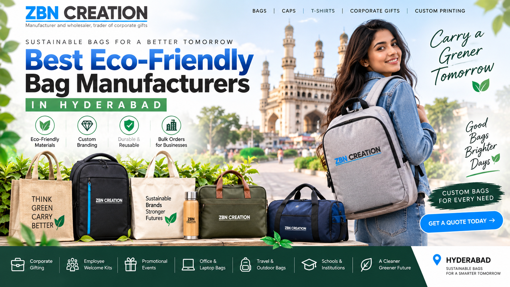 Discover the best Eco-Friendly Bag Manufacturers in Hyderabad with ZBN Creation. Explore reusable, customised, corporate, promotional, laptop, backpack, and sustainable bag solutions for businesses and events.