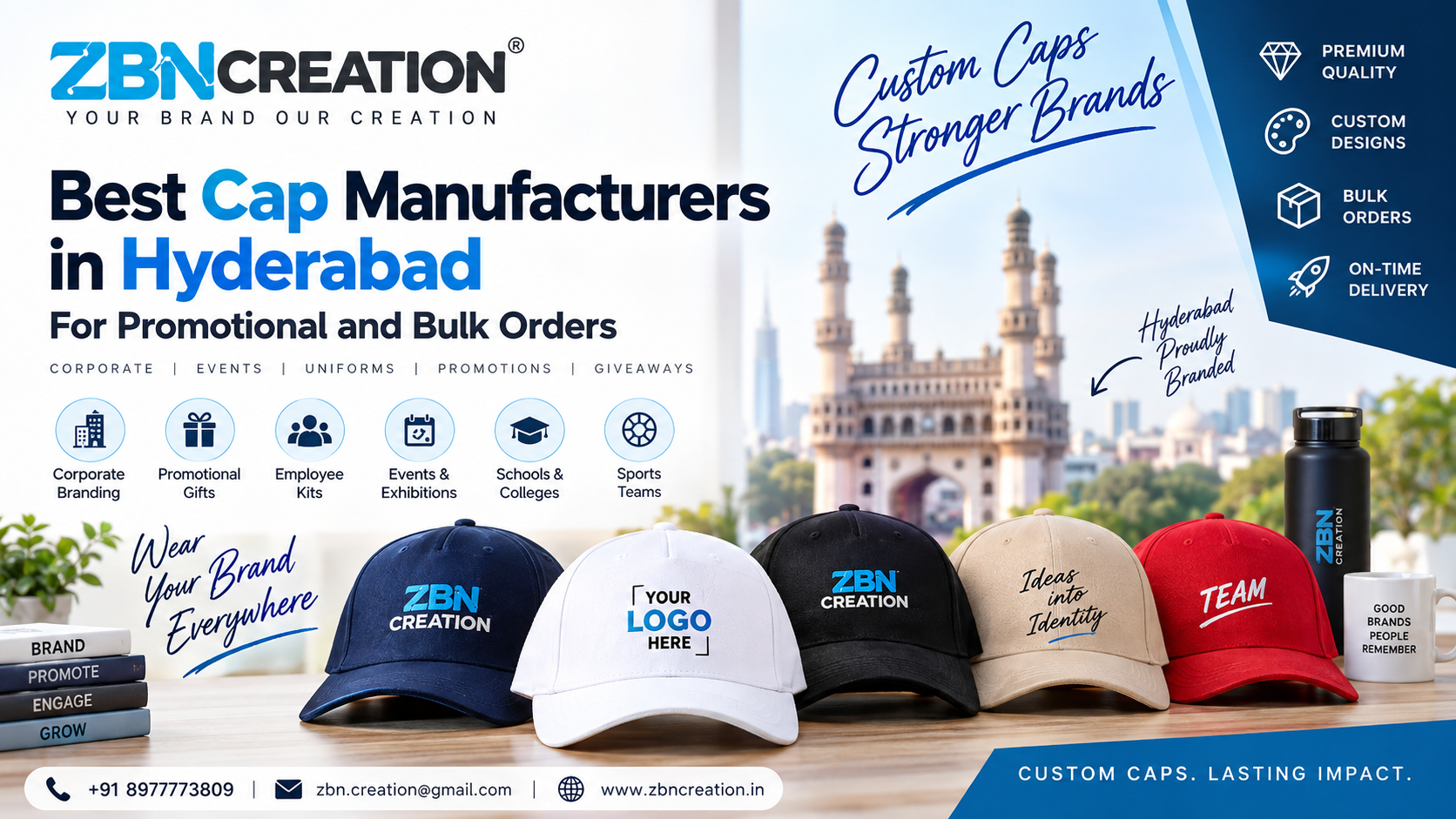 Cap Manufacturers in Hyderabad for promotional, corporate and bulk custom cap orders by ZBN Creation
