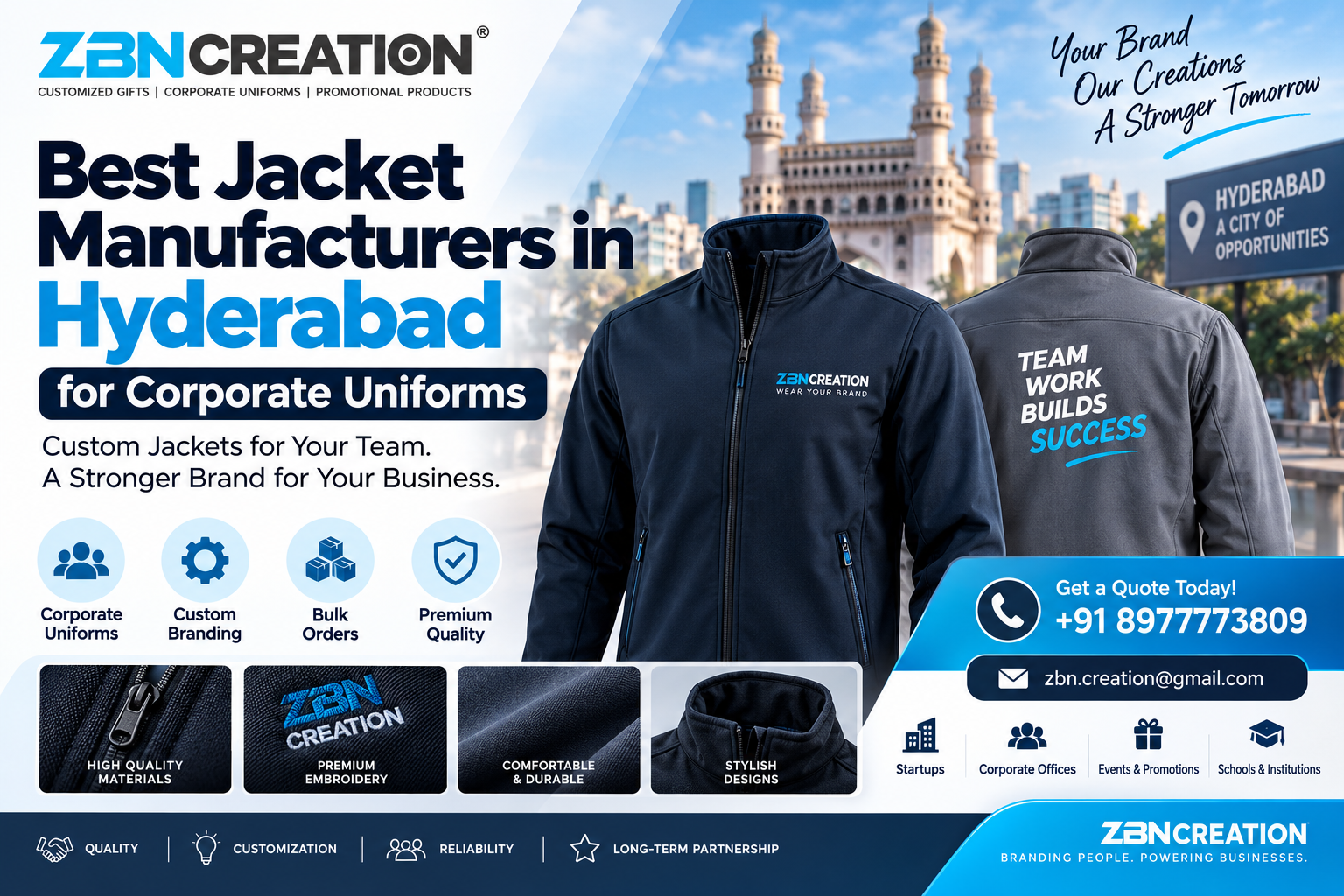 Jacket Manufacturers in Hyderabad for corporate uniforms, branded employee jackets and bulk orders by ZBN Creation