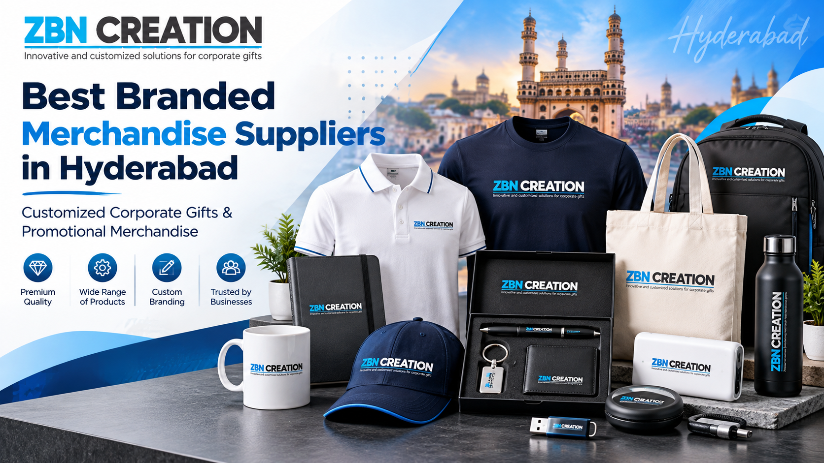 Best Branded Merchandise Suppliers in Hyderabad by ZBN Creation Image Caption: Customized branded merchandise in Hyderabad for corporate gifting, employee programs, exhibitions, events and promotional campaigns.